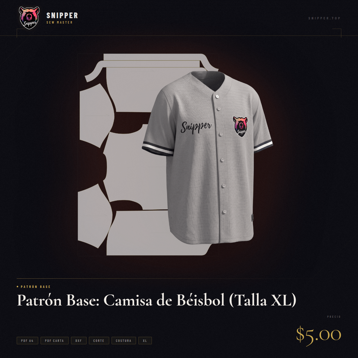 patrón base camisa béisbol talla xl