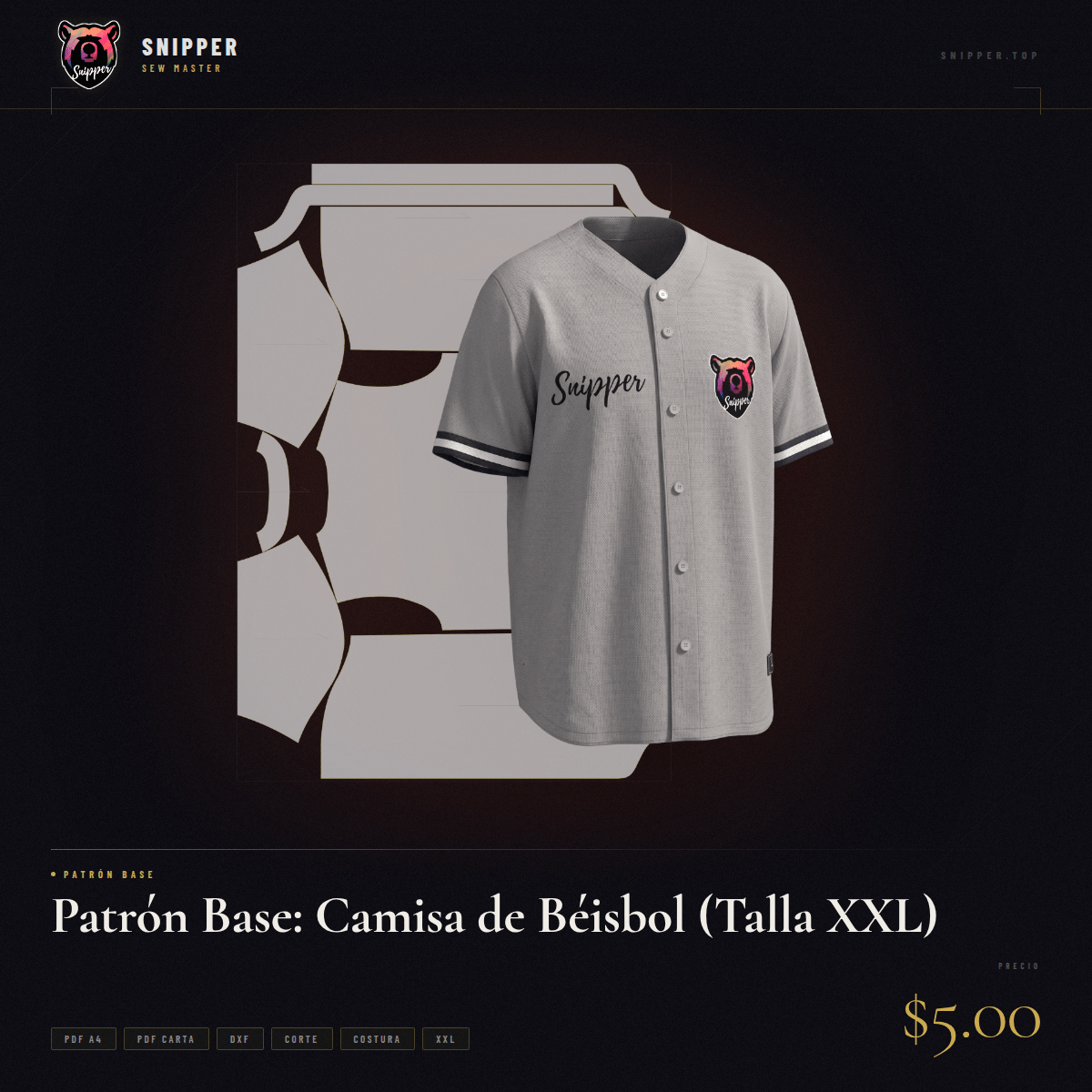 patrón base camisa béisbol talla xxl