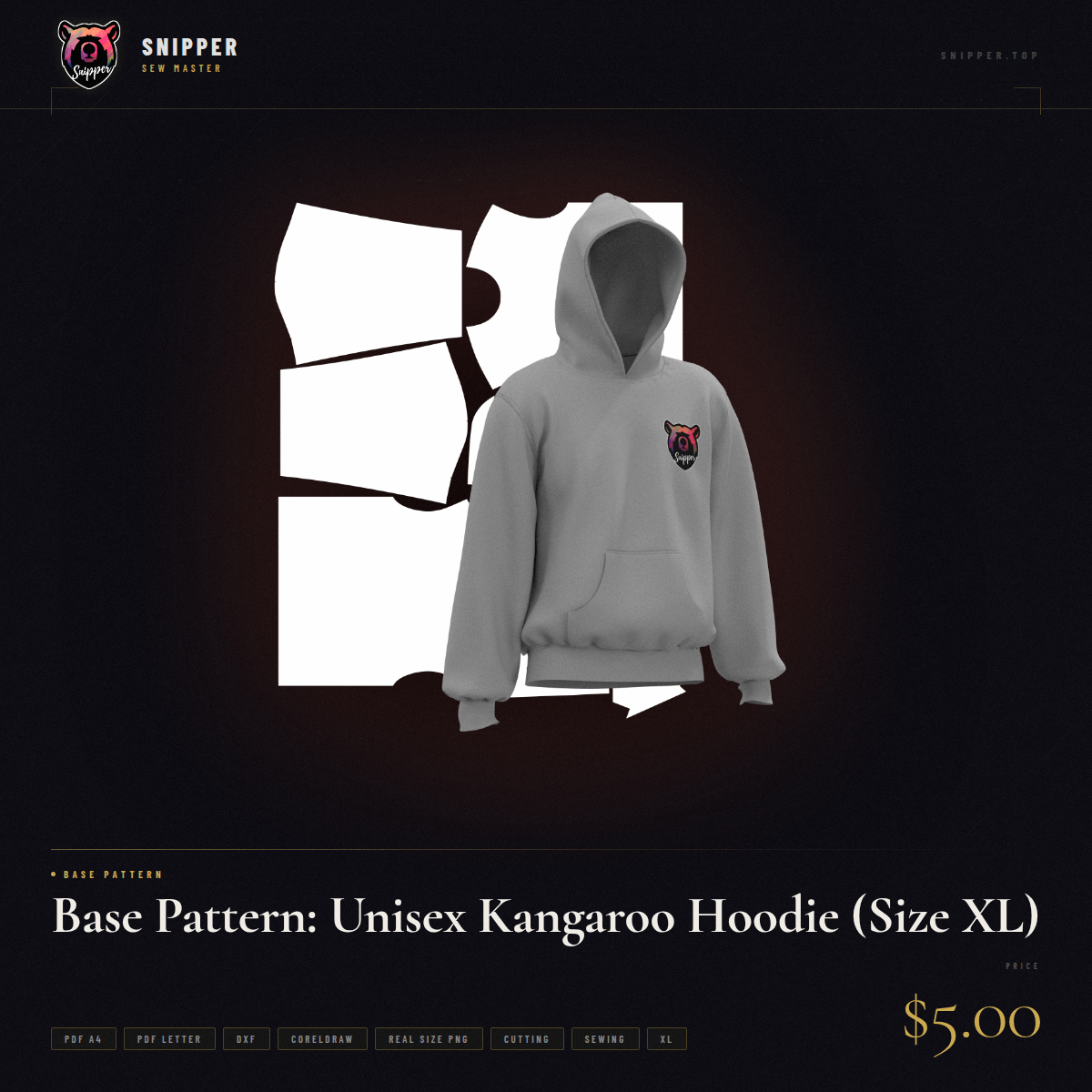 Base Pattern: Unisex Kangaroo Hoodie (Size XL)