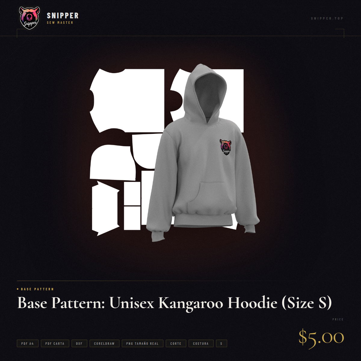 Base Pattern: Unisex Kangaroo Hoodie (Size S)