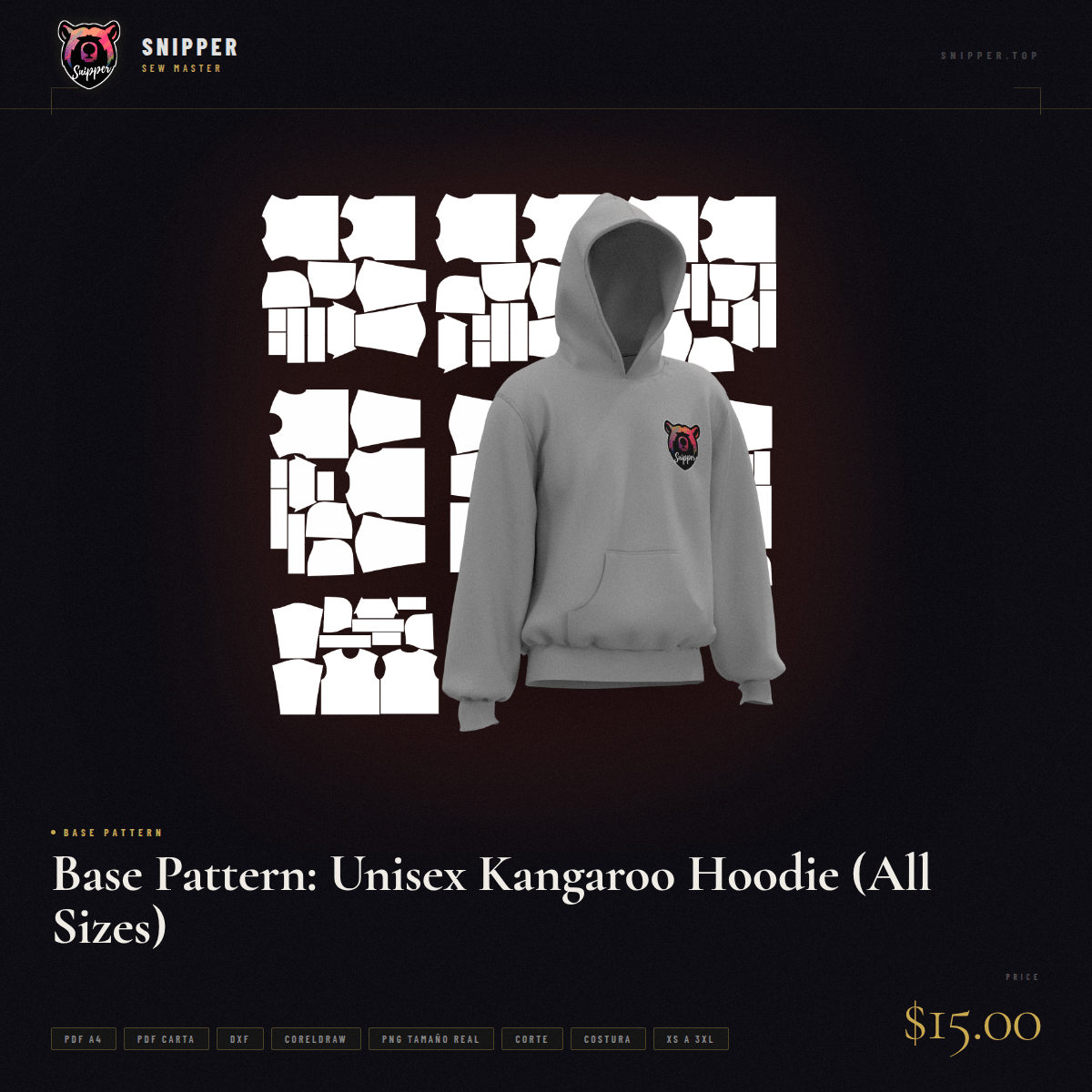 Base Pattern: Unisex Kangaroo Hoodie (All Sizes)