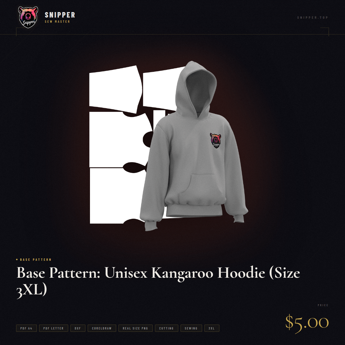 Base Pattern: Unisex Kangaroo Hoodie (Size 3XL)