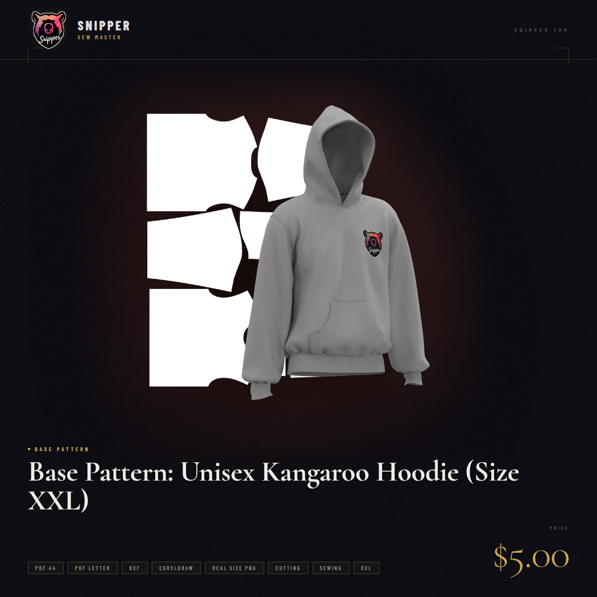 Base Pattern: Unisex Kangaroo Hoodie (Size XXL)