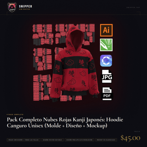 Pack Completo Nubes Rojas Kanji Japonés: Hoodie Canguro Unisex (Molde + Diseño + Mockup)