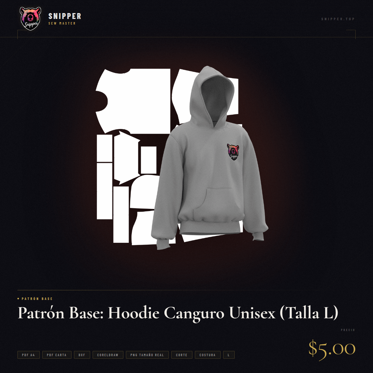 Patrón Base: Hoodie Canguro Unisex (Talla L)