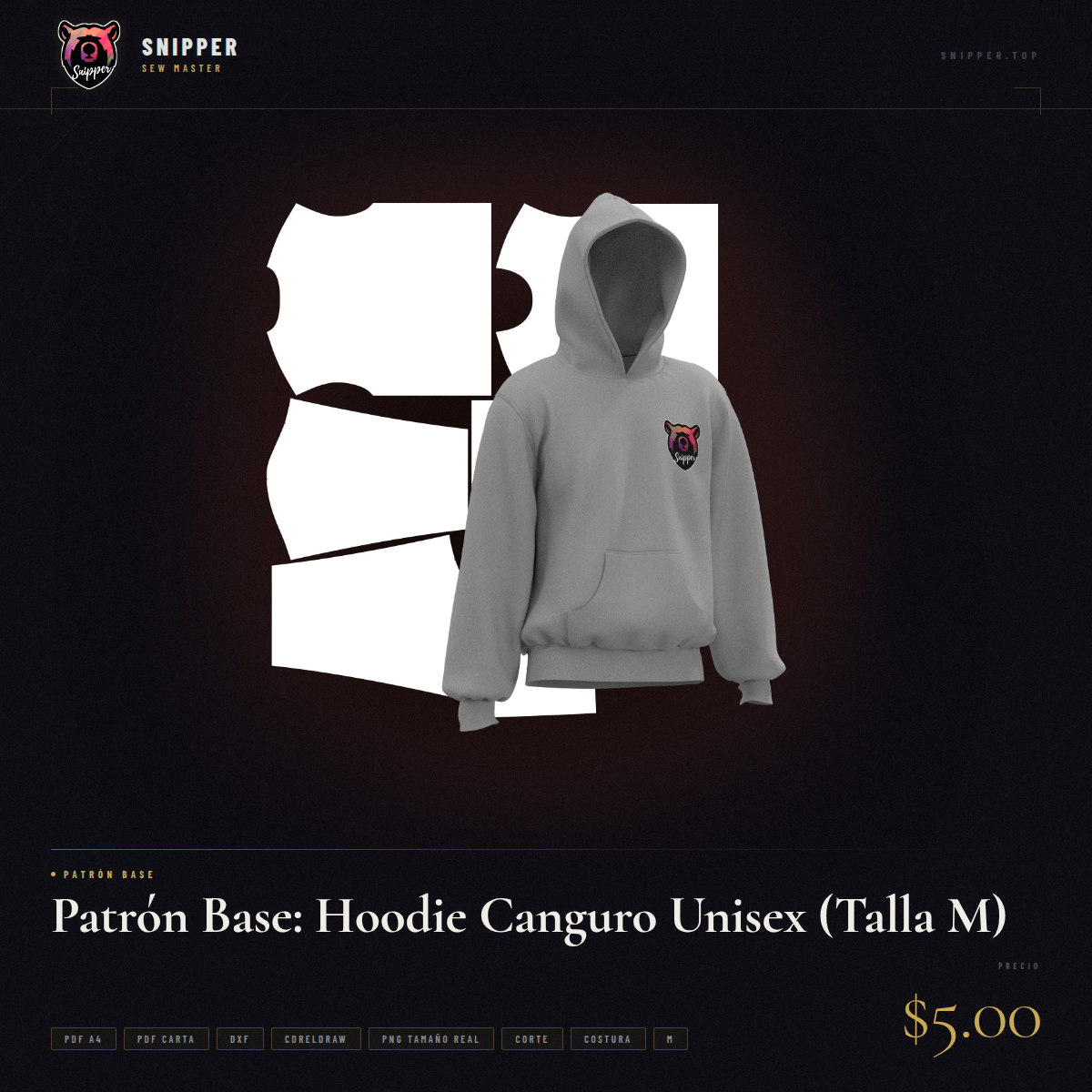 Patrón Base: Hoodie Canguro Unisex (Talla M)
