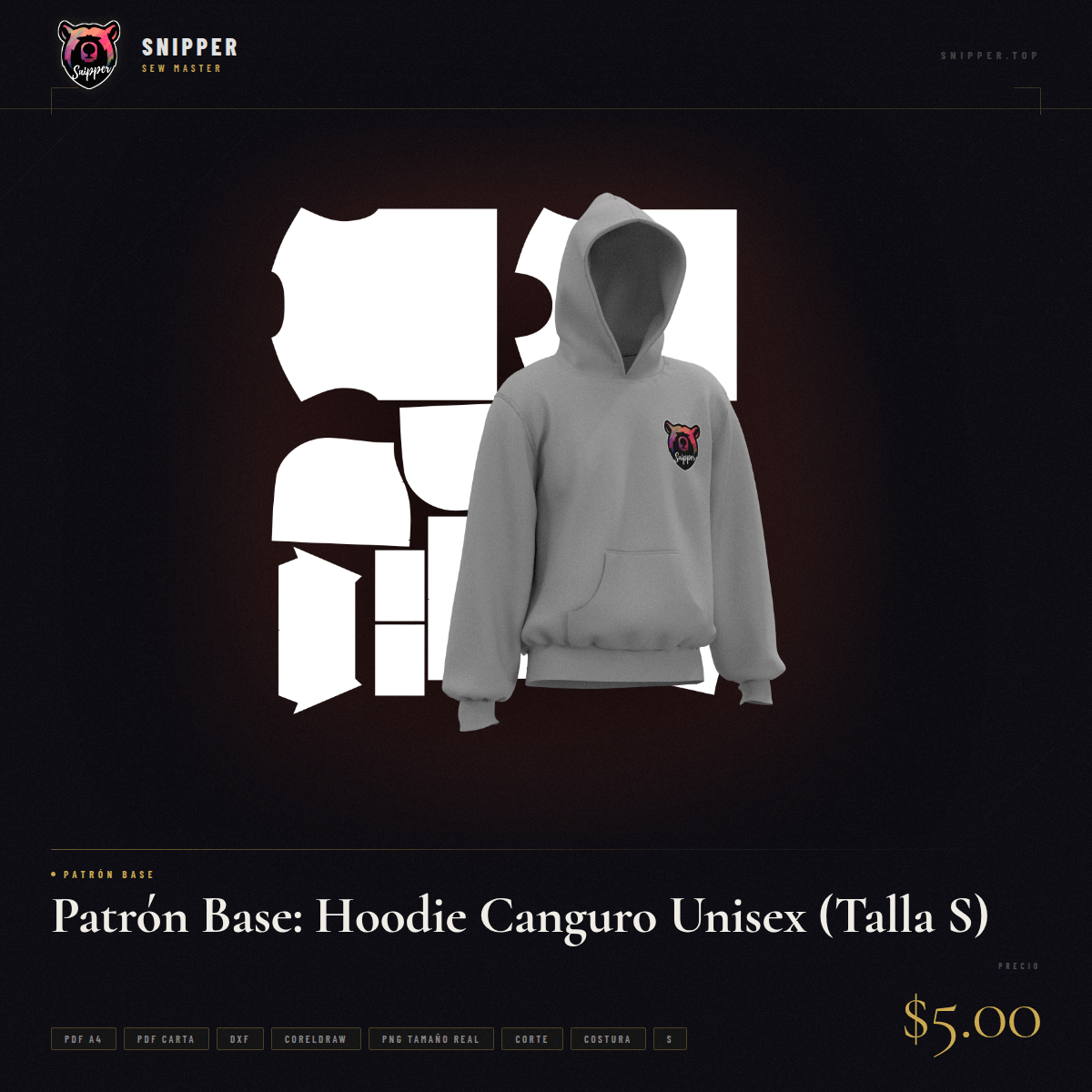 Patrón Base: Hoodie Canguro Unisex (Talla S)