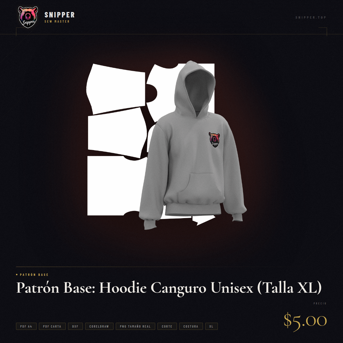 Patrón Base: Hoodie Canguro Unisex (Talla XL)