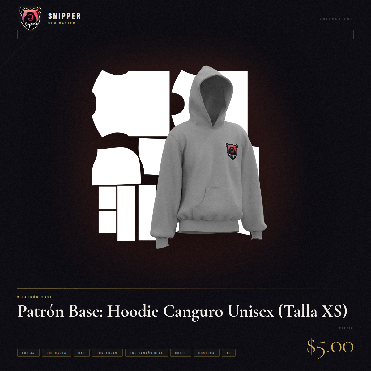 Patrón Base: Hoodie Canguro Unisex (Talla XS)