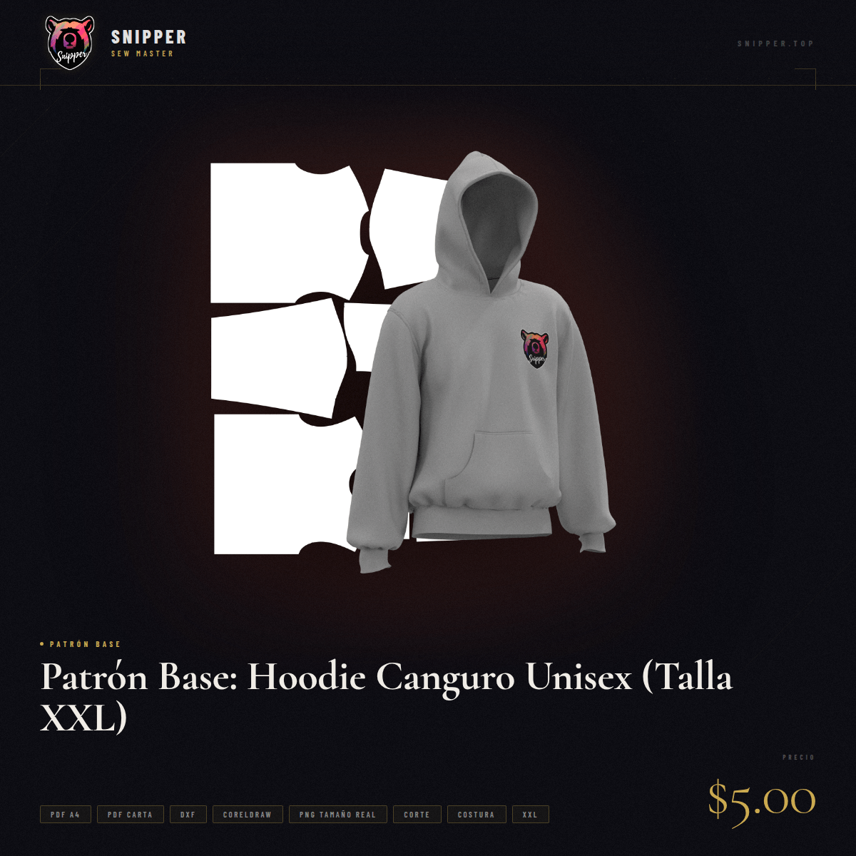 Patrón Base: Hoodie Canguro Unisex (Talla XXL)