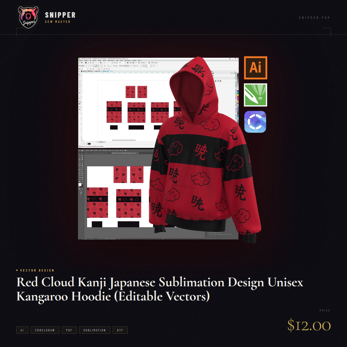 Red Cloud Kanji Japanese Sublimation Design Unisex Kangaroo Hoodie (Editable Vectors)