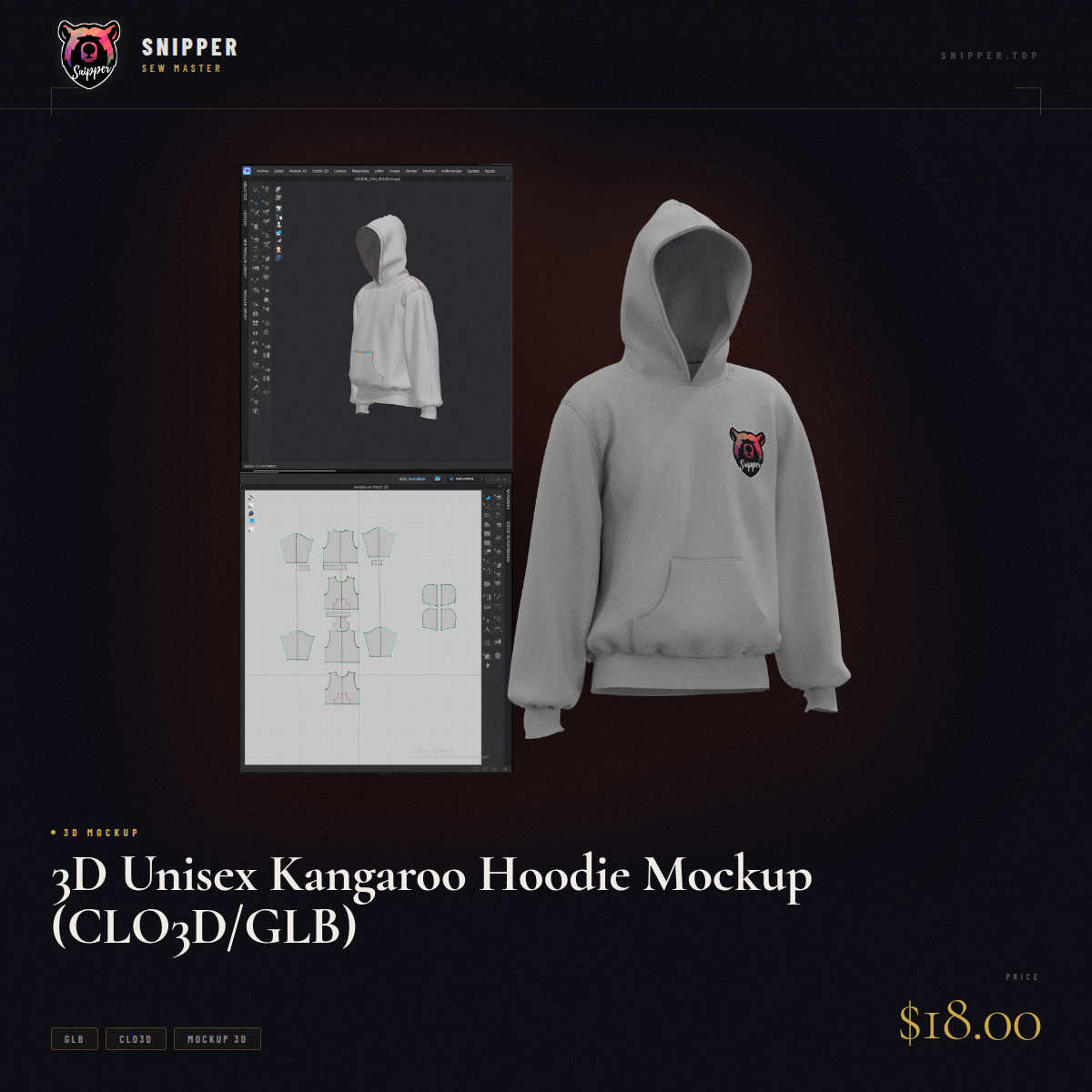 3D Unisex Kangaroo Hoodie Mockup (CLO3D/GLB)